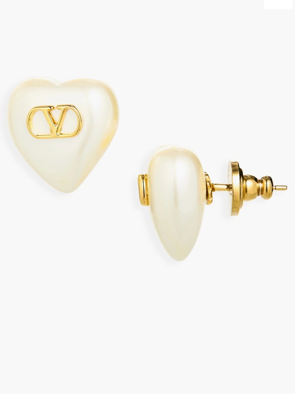 Valentino Garavani White Heart VLogo Signature Metal and Pearl Stud Earrings